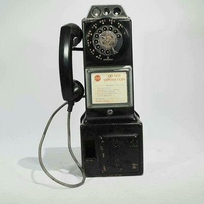 現貨美式電話廳古董壁掛電話旋轉撥號盤公用投幣電話機黑色金屬機