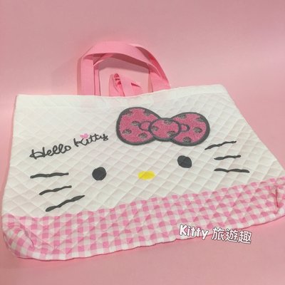 [Kitty 旅遊趣] Hello Kitty 白色布手提袋 凱蒂貓 側背袋 粉紅色蝴蝶結 扁平提袋 大提袋 大臉