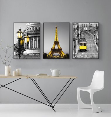 北歐現代簡約黑白黃色電車埃菲爾鐵塔裝飾畫畫芯掛畫畫心畫布牆畫
