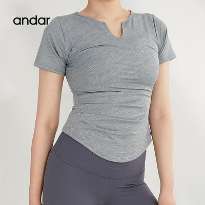 韓國andar女上衣V領緊身衣瑜伽服女跑步速干健身運動衣短袖透氣夏
