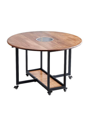 廠家出貨純實木火鍋圓飯桌可折疊收納橡膠木電磁爐一體大圓桌子餐桌椅組合