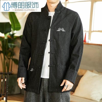 春秋中國風男裝長袖牛仔夾克復古立領盤扣上衣大碼唐裝外套中式潮-博朗服飾
