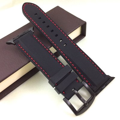 送保護貼！Apple Watch 3 4 專用 黑矽膠 紅車線 簡約服貼設計 42mm