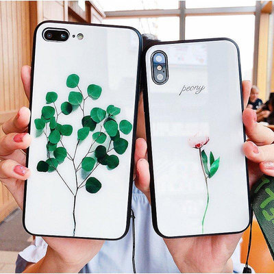 熱銷 （直銷）韓國風小清新綠葉蘋果X玻璃殼iphone7plus手機殼 i6 i8全包殼 送同款掛繩-可開發票