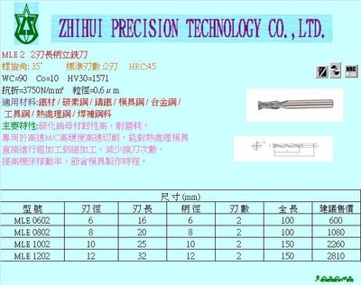 MLE0802 二刃加長柄立銑刀*zhihui智惠精密科技*切削刀具*精密工具*刀片刀桿*銑刀