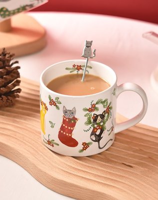 可愛聖誕貓咪陶瓷馬克杯  白色 貓咪 小貓 聖誕 馬克杯 手把杯 陶瓷杯子 餐具【小雜貨】