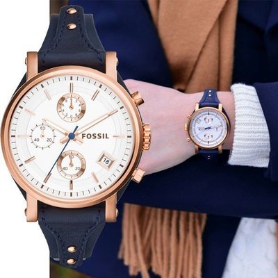[安安美國精品批發零售]僅有二只現貨在台!!FOSSIL ES3838 三環計時真皮手錶 復古藍色 38MM