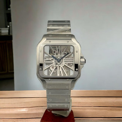 樂時計 全新未使用 CARTIER 卡地亞 SANTOS  山度士 WHSA0015 大型款鏤空腕錶 快拆錶帶另附鱷魚皮錶帶 不鏽鋼手動上鍊 39.8mm