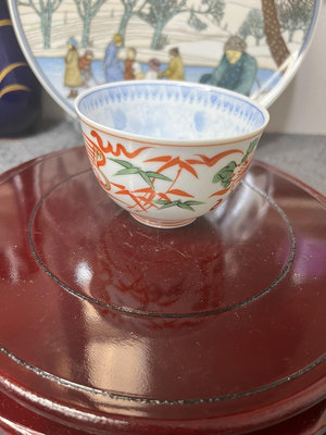 日本瓷器 光峰作 赤繪青花滿繪 蛋殼瓷 薄胎主人杯 茶杯 品