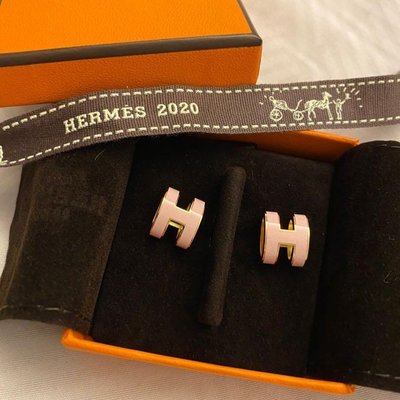 【COCO 精品專賣】HERMES H Logo POP 粉色 琺瑯 玫瑰金 橢圓 耳環 現貨