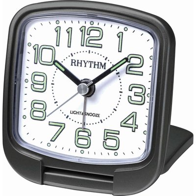 【神梭鐘錶】日本麗聲RHYTHM 型號：CGE602NR02 粉餅型黑色出國旅遊隨身褶疊桌上型貪睡夜光夜燈鬧鐘