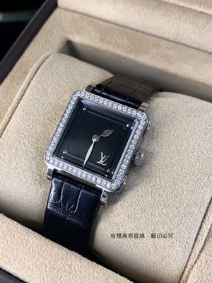 萬泰當舖精品- LV Louis Vuitton 黑面鑽圈石英皮帶錶 近全新 001-296-1