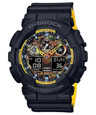 【金台鐘錶】CASIO 卡西歐G-SHOCK 雙顯重機 鬧鈴電子錶 人氣大錶徑 黑黃 GA-100BY-1A