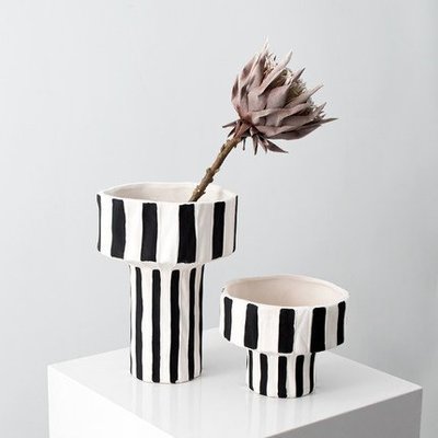 創意黑白條紋寬口陶瓷花瓶擺件樣板房家居客廳餐桌插花器軟裝飾品
