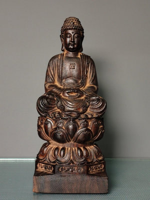 沉香木手工雕釋迦摩尼佛祖供像寬11厘米 高28厘米，重1766克 舊藏 古玩 擺件【華夏尋寶閣】2808