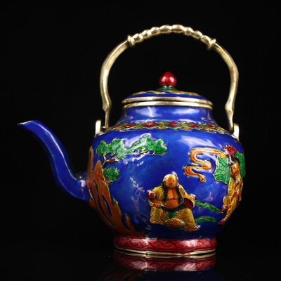 純銅景泰藍  琺瑯彩繪和合二仙茶壺一把品相保存完好  做工精細  造型獨特別致重697克 銅器 擺件 古玩【古雲】180