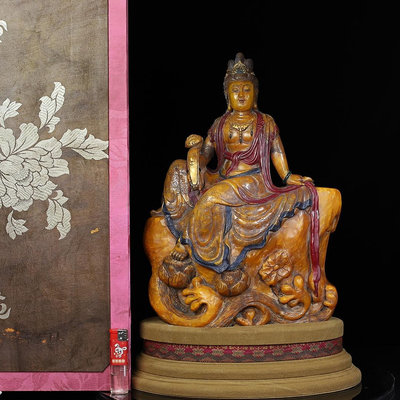 舊藏壽山石手工雕刻彩繪如意觀音佛像擺件，觀音佛像凈長26公分寬13公分高38公分，凈重11750克，60003892 特