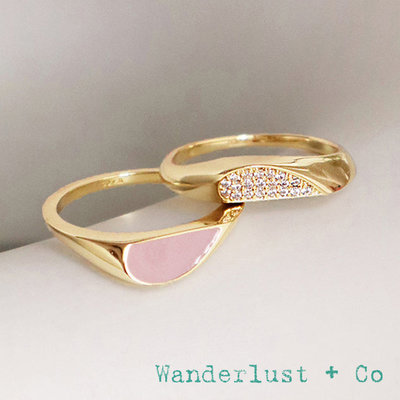 Wanderlust+Co 澳洲品牌 鑲鑽愛心戒指 金色X粉紅色 2件組 Unfold Heart Set