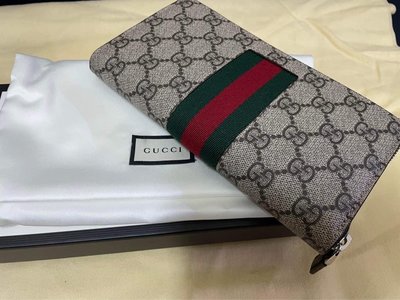 國際精品當舖 Gucci Ophidia GG 拉鍊 長夾  型式：523154 雙G  綠紅綠 織帶
