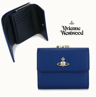 Vivienne Westwood ( 深藍色×黑色 ) 防刮壓紋 真皮 三摺中短夾 皮夾 錢包｜100%全新正品｜特價!