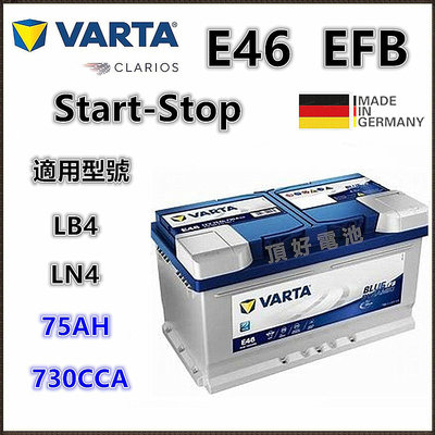 頂好電池-台中 德國 VARTA E46 EFB 75AH 免保養汽車電池 怠速啟停 柴油車款 FOCUS LBN4