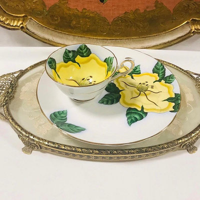 英國中古骨瓷tuscan全手繪黃色話會早餐骨瓷杯盤
