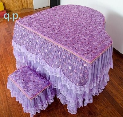 訂製Grand Piano鋼琴套+椅子罩凳子套 珠子綴飾 亮麗花紋 三角平台式鋼琴 蕾絲 神秘紫色浪漫網紗 多層次防塵罩
