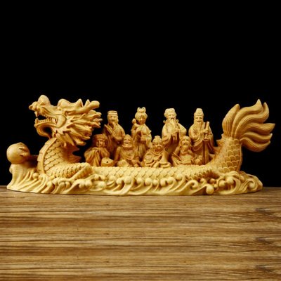 黃楊木雕創意中式裝飾擺件八仙過海雕刻工藝品賽龍舟汽車擺件收藏