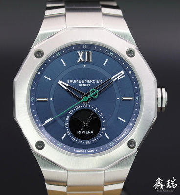 【鑫瑞鐘錶】98新 Baume&amp;Mercier 名士錶 Riviera M0A10682 不鏽鋼 藍面 月相 自動上鍊 43mm 盒單全