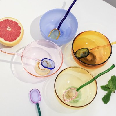 撞色玻璃碗水果沙拉碗湯碗餐具家用耐高溫透明泡麵碗飯碗勺子套裝