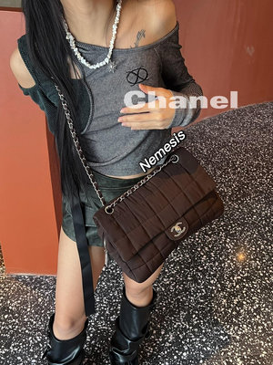 Chanel棕銀尼龍華夫餅CF單肩包
