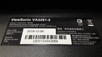 零件機 優派VIEWSONIC VA-2216-2 LED面板人為NG