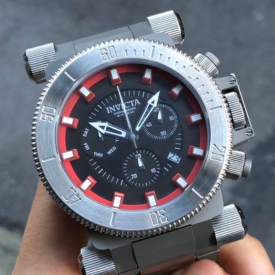全新現貨出清價 可自取 INVICTA 26638 手錶 51mm 三眼計時 黑面盤 紅色 日期視窗 鋼錶帶 男錶