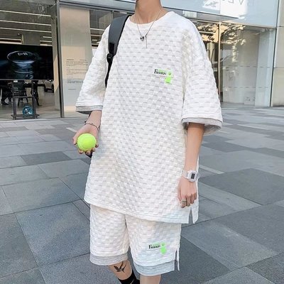 Coco衫-華夫格七分袖T恤男夏季大尺碼衣服寬鬆潮牌時尚-質量保障