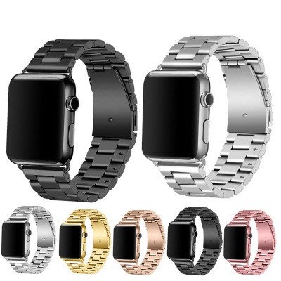 適用於蘋果手表1/2/3/4/5/6代不銹鋼三珠實心金屬表帶 適用於apple watch鏈式腕帶 商務 替換帶
