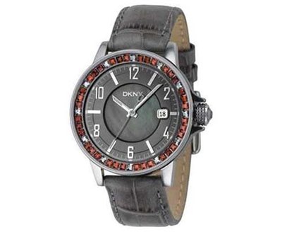 DKNY 銀殼灰面鑽框日期皮帶錶 NY4288/ 45mm原廠公司貨，保固兩年