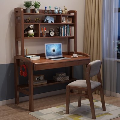 實木書桌書架一體簡約電腦桌家用臥室兒童學習桌可升降