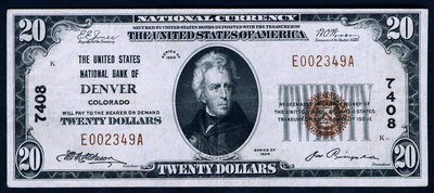 美國1929年版 2 國民銀行券(丹佛市美國國民銀行) 8成以上品相 紙幣 紀念鈔 紙鈔【悠然居】1459