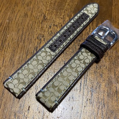 【錶帶家】COACH 精品 15mm 原廠LOGO 緞面布面真皮錶帶 可替代他牌同尺寸的手錶(不含扣)