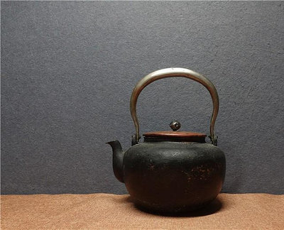 日本回流茶道具明治時期純銅手打錘紋鍍銀提梁煎茶壺 煮水壺 年