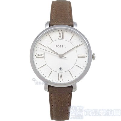 FOSSIL ES3708手錶 日期 銀框 咖啡色 皮帶 女錶【錶飾精品】