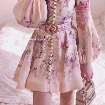貴婦品牌 澳洲Zimmermann24春秋新款Lyrical亞麻紫色夢幻花卉顯瘦單排扣長袖腰帶連身裙 洋裝 剩1碼