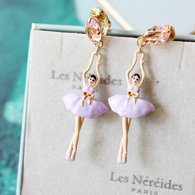 【MOMO全球購】法國Les Nereides紫粉色丁香色芭蕾舞女孩蝴蝶結鑲鉆耳環耳釘耳夾