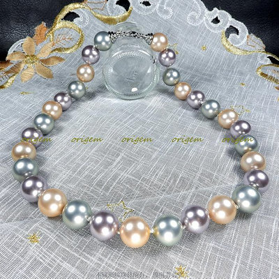 珍珠林~12MM一珠一結珍珠項鍊~南洋深海硨磲貝珍珠:灰、紫與粉橘色#327+2