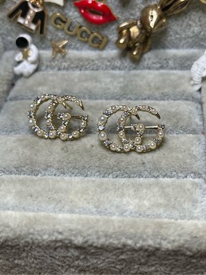 GUCCI 二手 氣質 亮金色 基本款 雙G logo 水鑽 珍珠 耳環