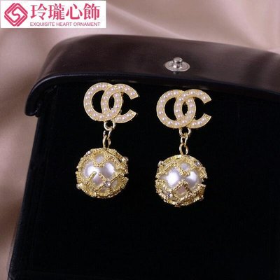 S925銀針韓國法式鑲鑽珍珠字母耳環女氣質耳環耳飾~~玲瓏心飾