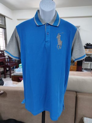 (二手近全新)POLO Ralph Lauren 藍灰色拼接風窄版短袖POLO衫(XL)(B581)