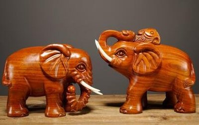 7194A 日式 花梨木雕刻大象擺件一對 招財招福象木質雕刻工藝品 如意象一對擺飾開業禮物
