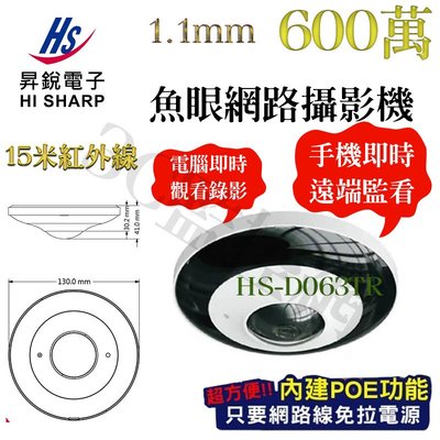 昇銳 Hi-Sharp HS-D063TR 600萬畫素 15米紅外線 魚眼型網路攝影機 1.1mm 雙向語音 PoE