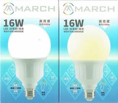 好商量~ MARCH 16W 高亮度 LED 燈泡 G95 球泡燈 E27 大燈泡 保固一年